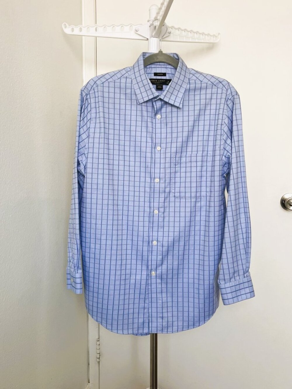 Pronto Uomo Men's Dress Shirt Non-Iron 100% Cotton Blue Check Grid Size 16 32/33